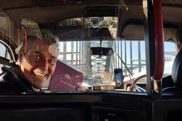 Unique wedding ideas. London Cab on the Sydney Harbour Bridge, Marriage Celebrant. Marriage Registry Office.